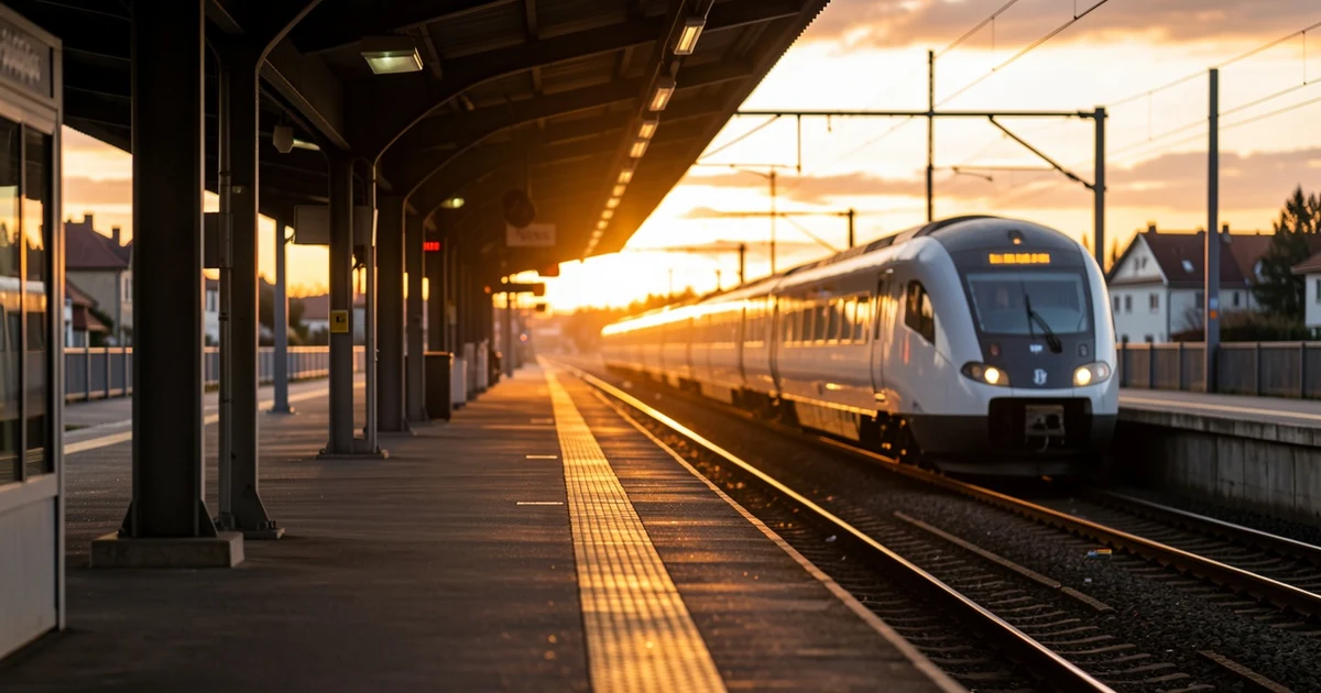 Tren AVE detenido en la estación de Antequera al atardecer, con vías vacías y luz natural dramática