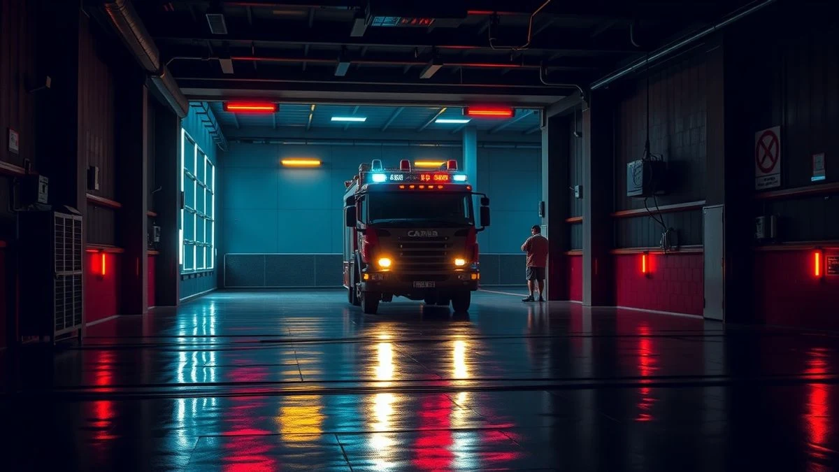 Illustrative image: fire truck parked at a fire station at night, with dim light and red reflections.