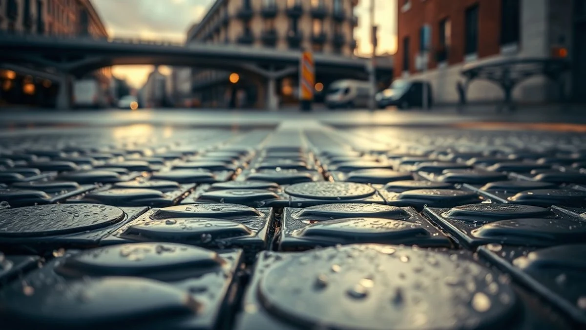 Illustrative image: close-up of a non-slip tactile pavement wet from rain, with a blurred background of an urban street.
