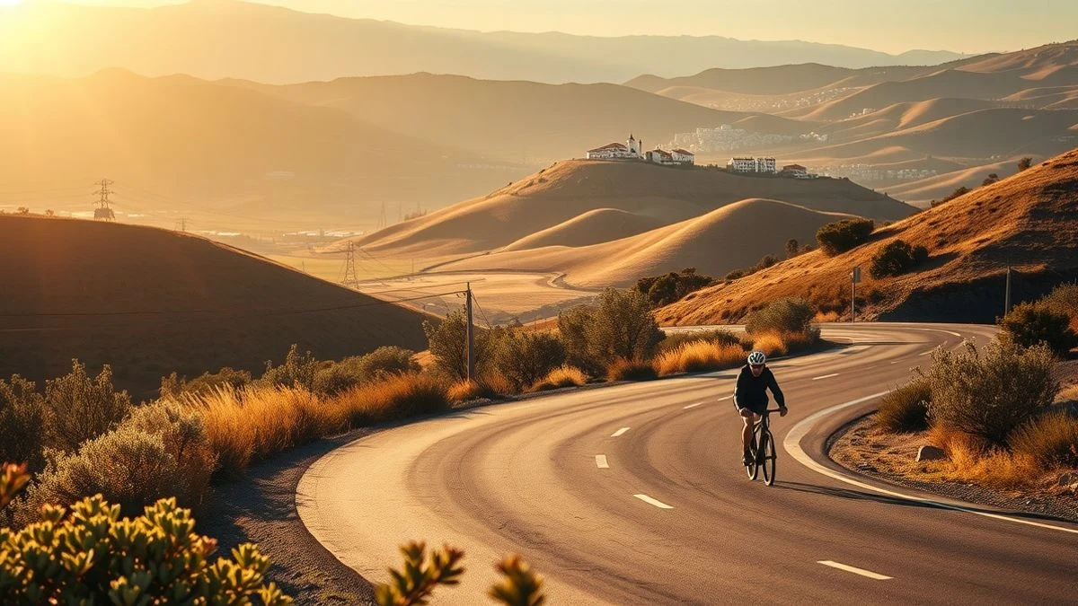 Illustrative image: winding road between hills with a solitary cyclist in the background under the sunset light.