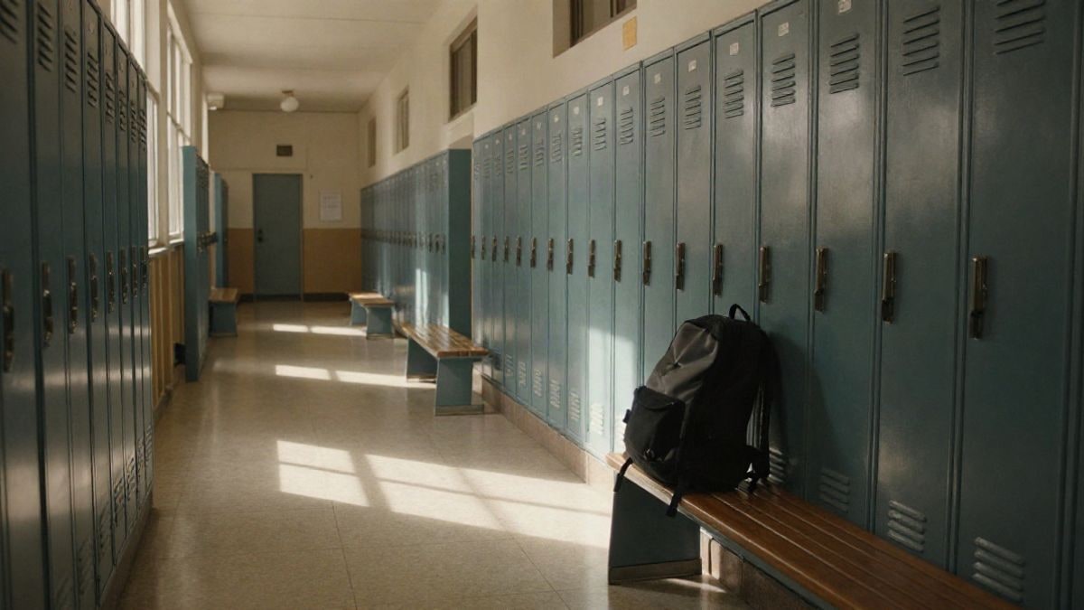 Illustrative image: empty school corridor with natural light coming through the windows and a backpack on a bench.