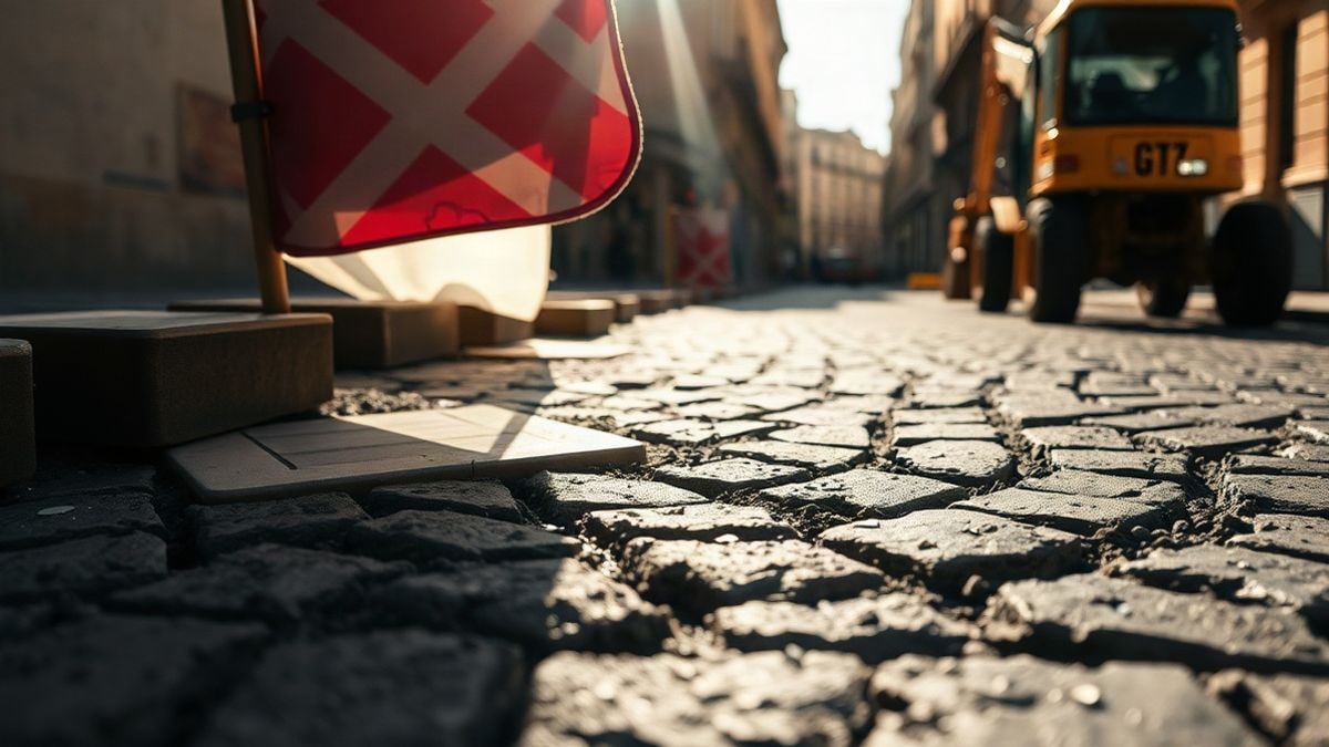 Imagen ilustrativa: calle adoquinada en obras con maquinaria y materiales de construcción al atardecer