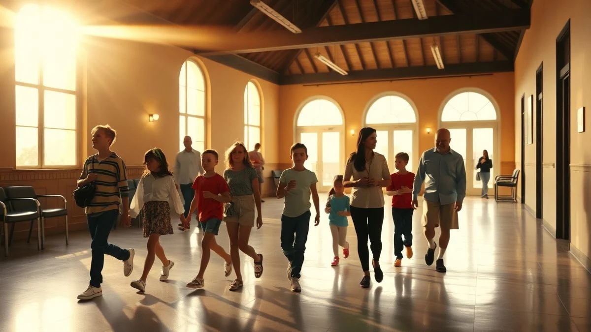 Illustrative image: a group of children walks through an institutional hall lit by natural light