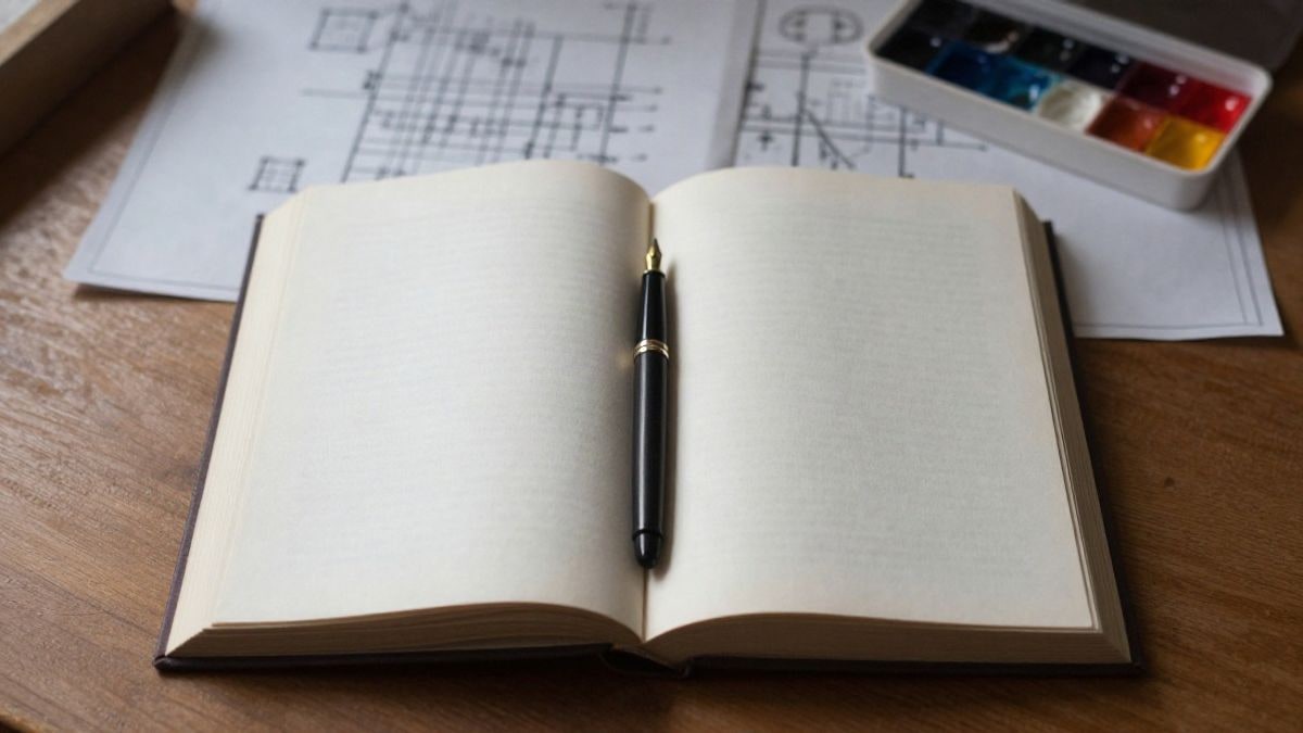 Imagen ilustrativa: un libro abierto con una pluma estilográfica sobre una mesa de madera, junto a planos de ingeniería y acuarelas.