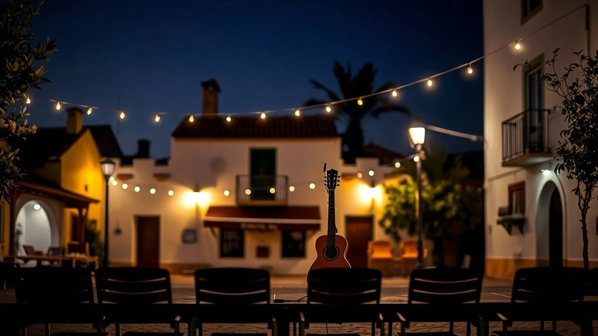 Imagen ilustrativa: escenario al aire libre iluminado con luces cálidas en una plaza de pueblo andaluz, con sillas vacías y una guitarra.