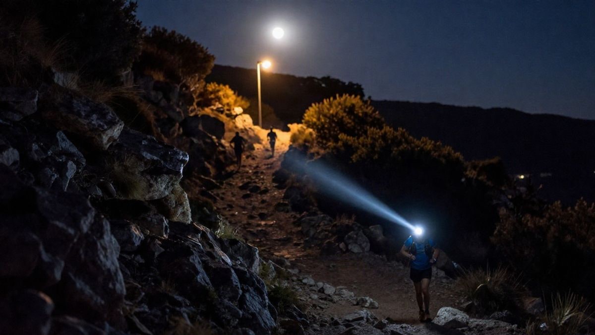Imagen ilustrativa: sendero de montaña de noche iluminado por una luz artificial