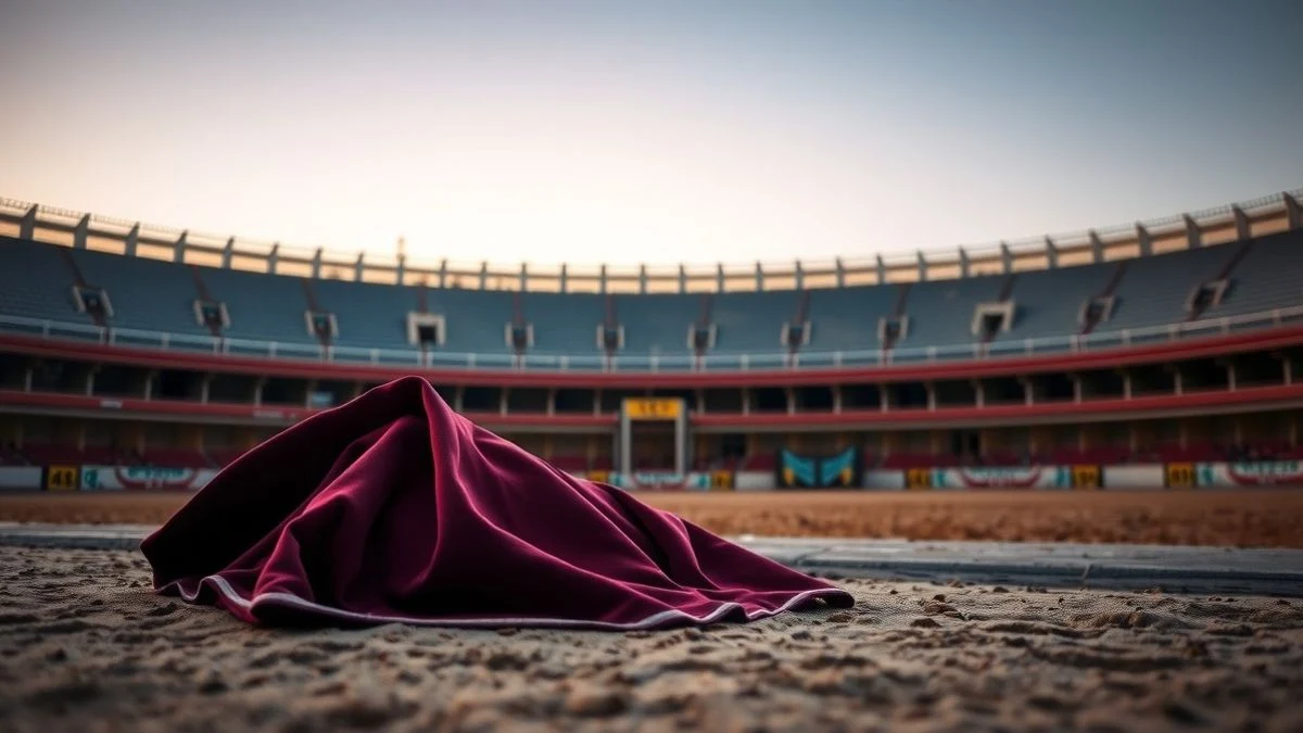 Capote de toreo sobre la arena de una plaza de toros al atardecer