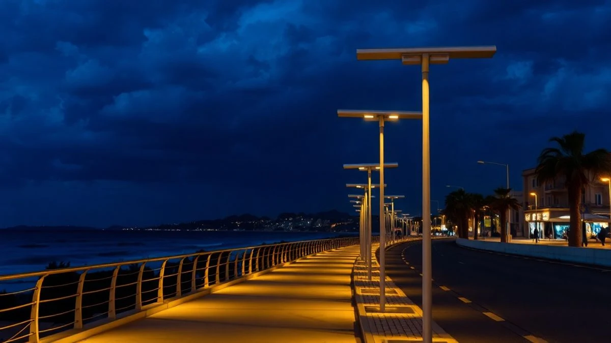 Imagen ilustrativa: paseo litoral nocturno con farolas solares encendidas y el mar al fondo.