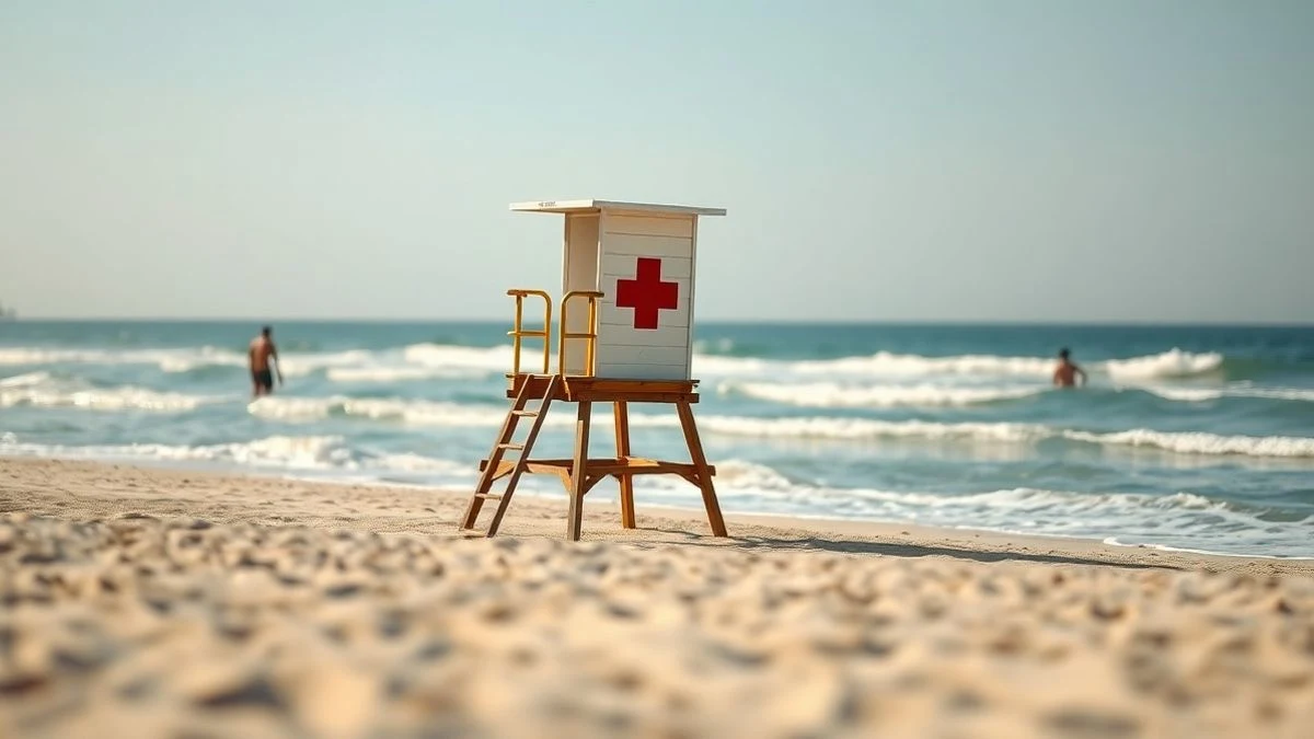 Imagen ilustrativa: torre de vigilancia de socorrismo en una playa mediterránea con arena dorada y mar en calma.