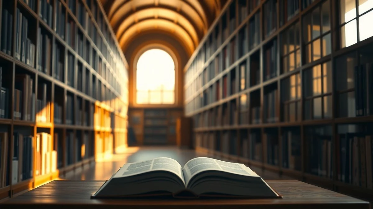 Illustrative image: a library corridor with shelves full of books and an open book on a table at sunset.