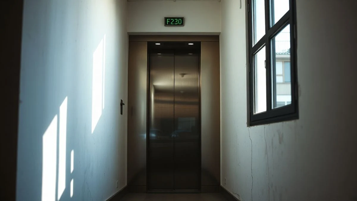 Illustrative image: interior of a glass elevator in an urban passage with side light