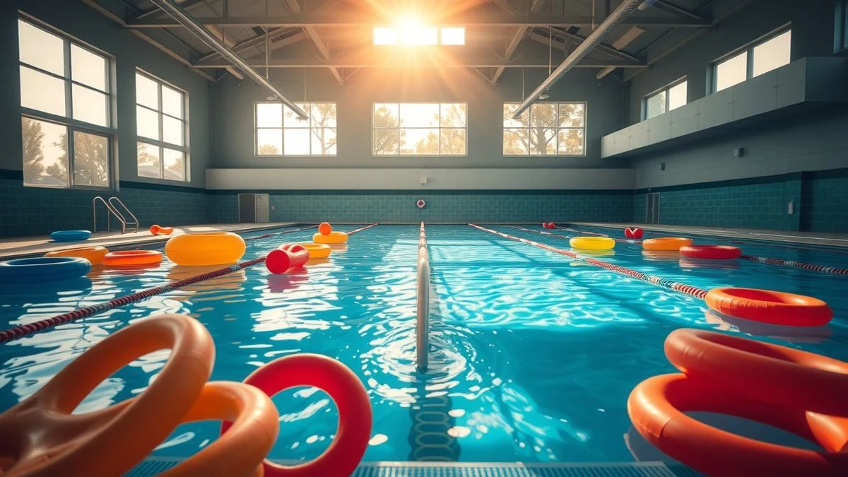 Imagen ilustrativa: piscina municipal vacía con flotadores y juguetes de colores, iluminada por luz natural de verano.