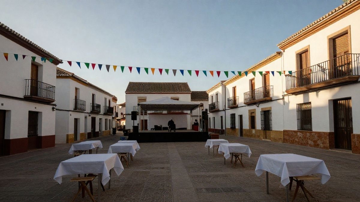 Imagen ilustrativa: plaza de pueblo con puestos vacíos y guirnaldas de colores preparados para una feria gastronómica