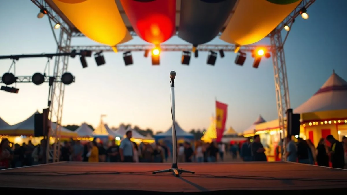 Imagen ilustrativa: escenario vacío al aire libre con micrófono y luces de feria al atardecer.