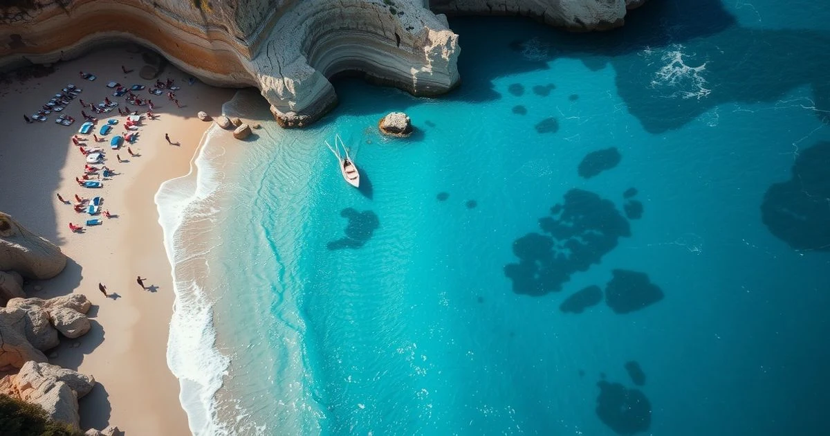 Vista aérea de la playa de Maro con aguas turquesas y acantilados rocosos