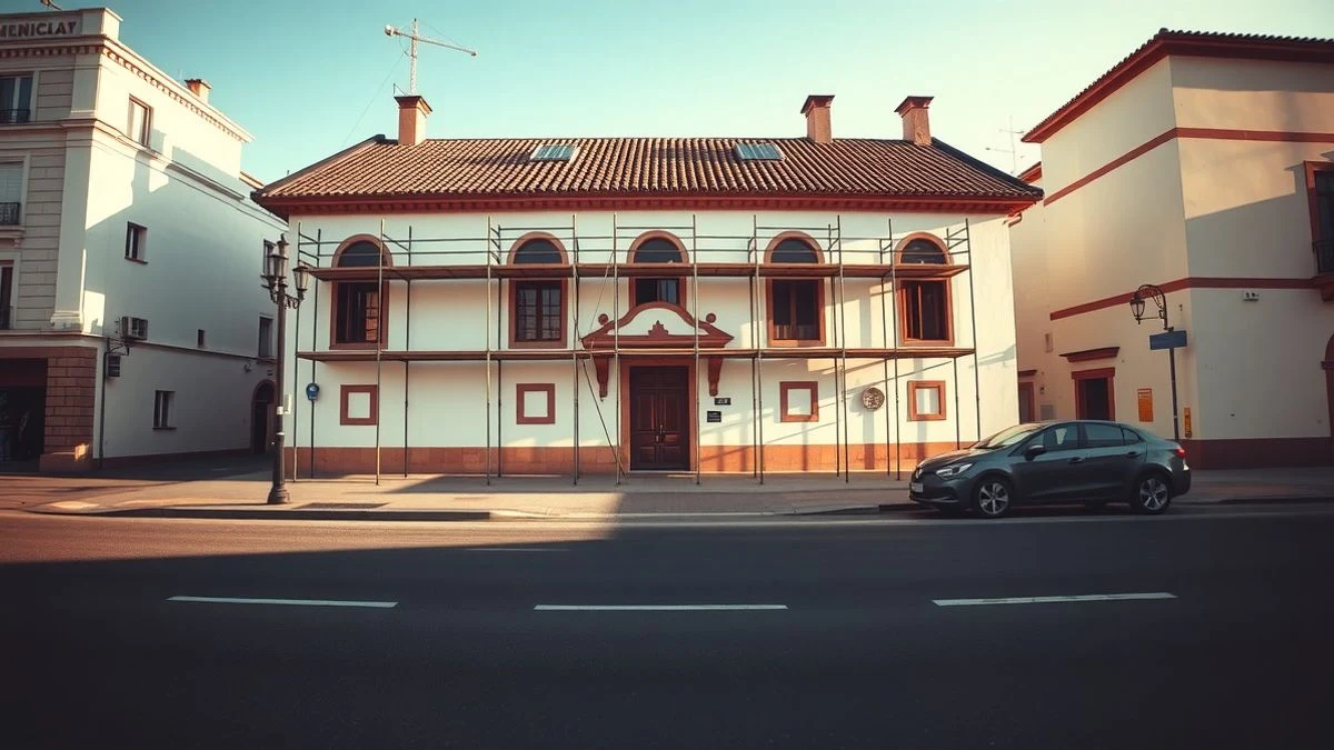 Illustrative image: facade of an Andalusian municipal building with partial scaffolding, taken from the opposite sidewalk at sunset, without people or identifiable elements.