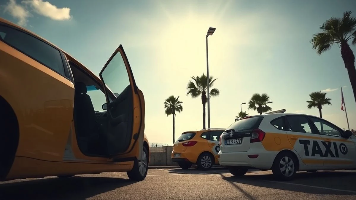 Imagen ilustrativa: taxis alineados en una calle soleada de la Costa del Sol, con mar y palmeras al fondo.