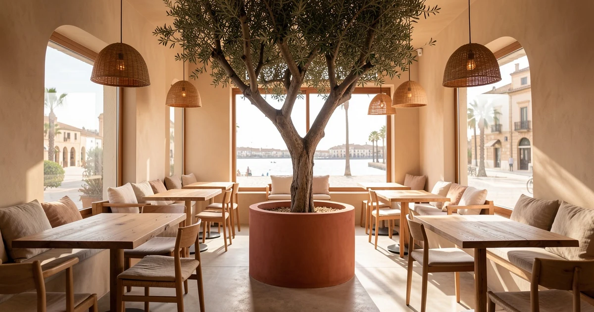 Interior de un café con diseño warm minimal, mesa de madera y un árbol central