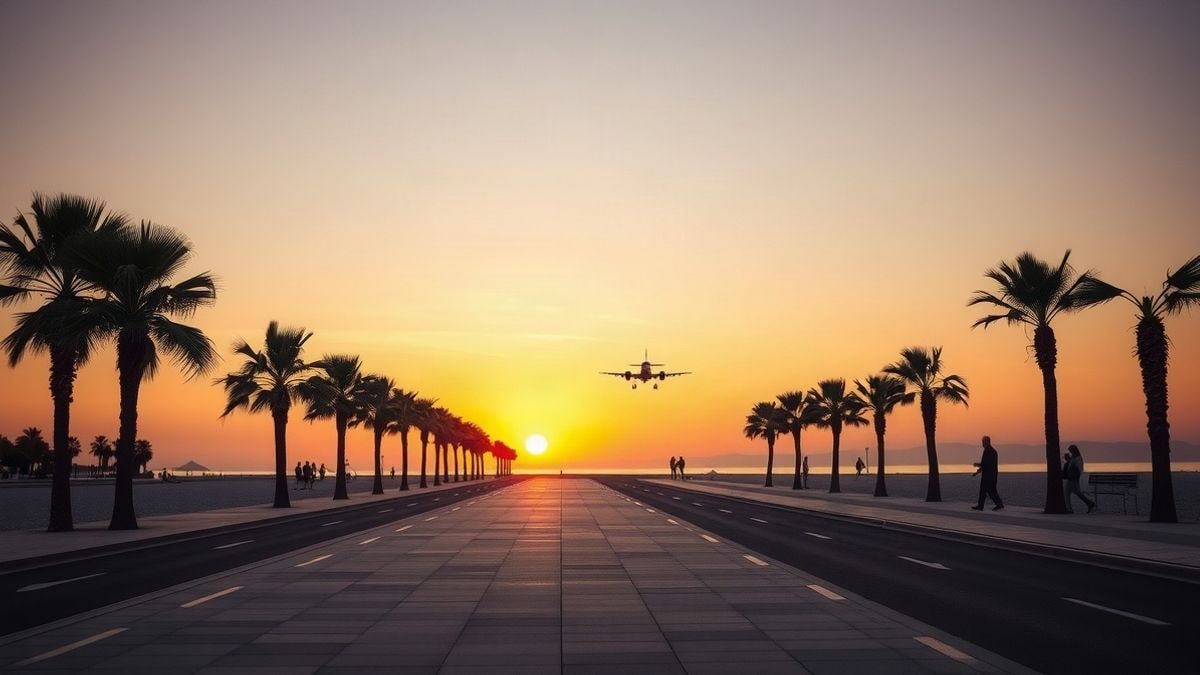 Imagen ilustrativa: un avión pequeño realizando acrobacias aéreas sobre una playa al atardecer, con la silueta de la costa y el cielo anaranjado de fondo.
