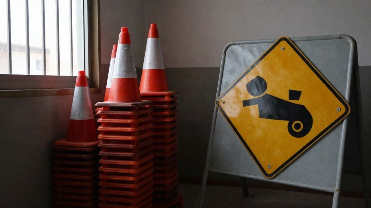 Illustrative image: traffic cones and temporary sign in a room with side window light