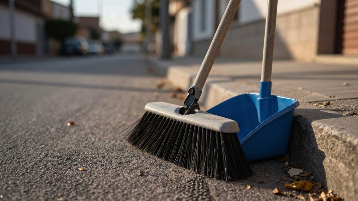 Imagen ilustrativa: primer plano de una escoba y un recogedor de limpieza viaria apoyados en el bordillo de una calle