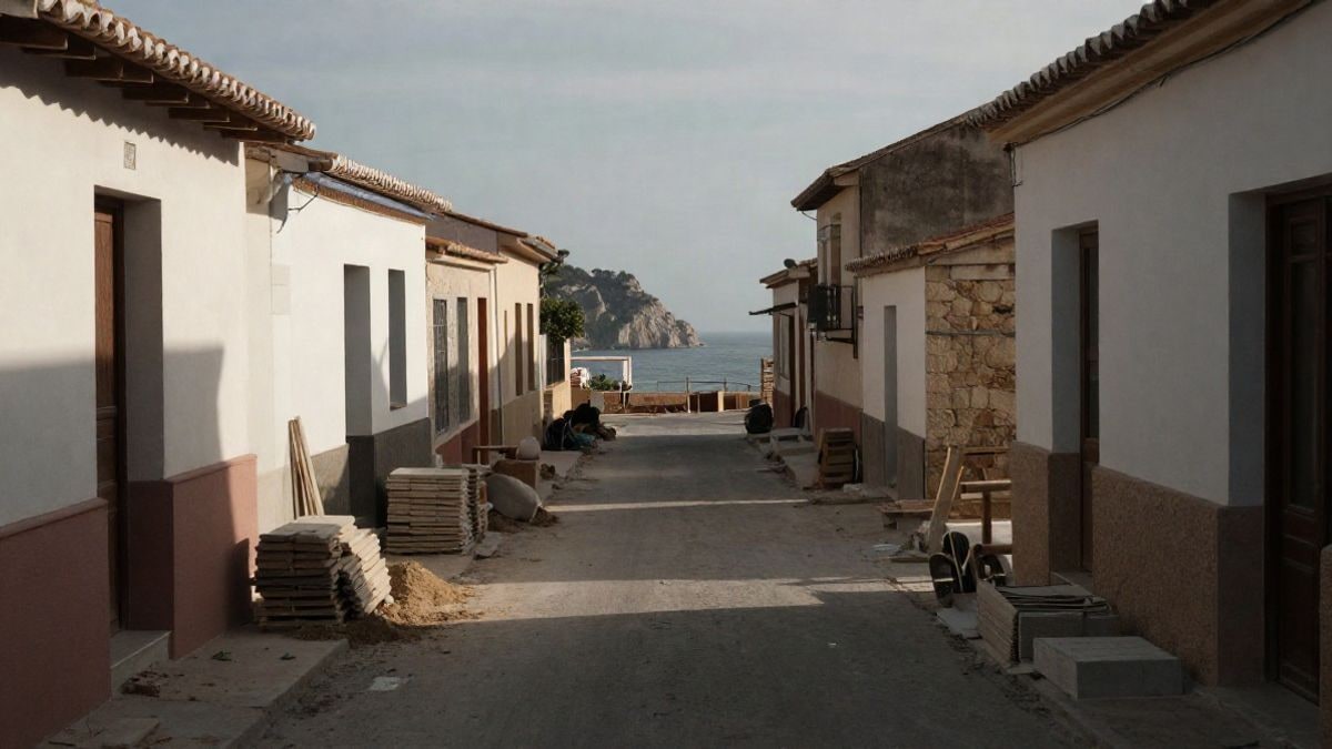 Imagen ilustrativa: una calle estrecha de un pueblo mediterráneo con materiales de obra apilados y vistas al mar al fondo.
