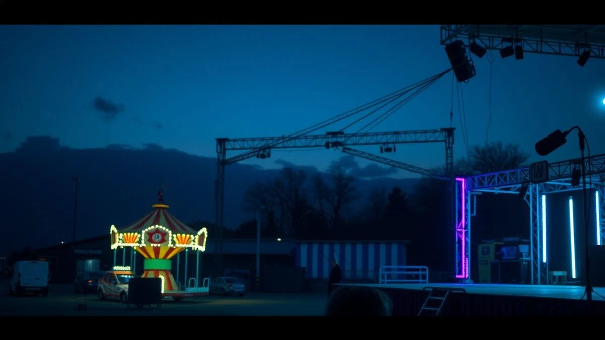 Imagen ilustrativa: un recinto ferial iluminado de noche con atracciones y un escenario vacío