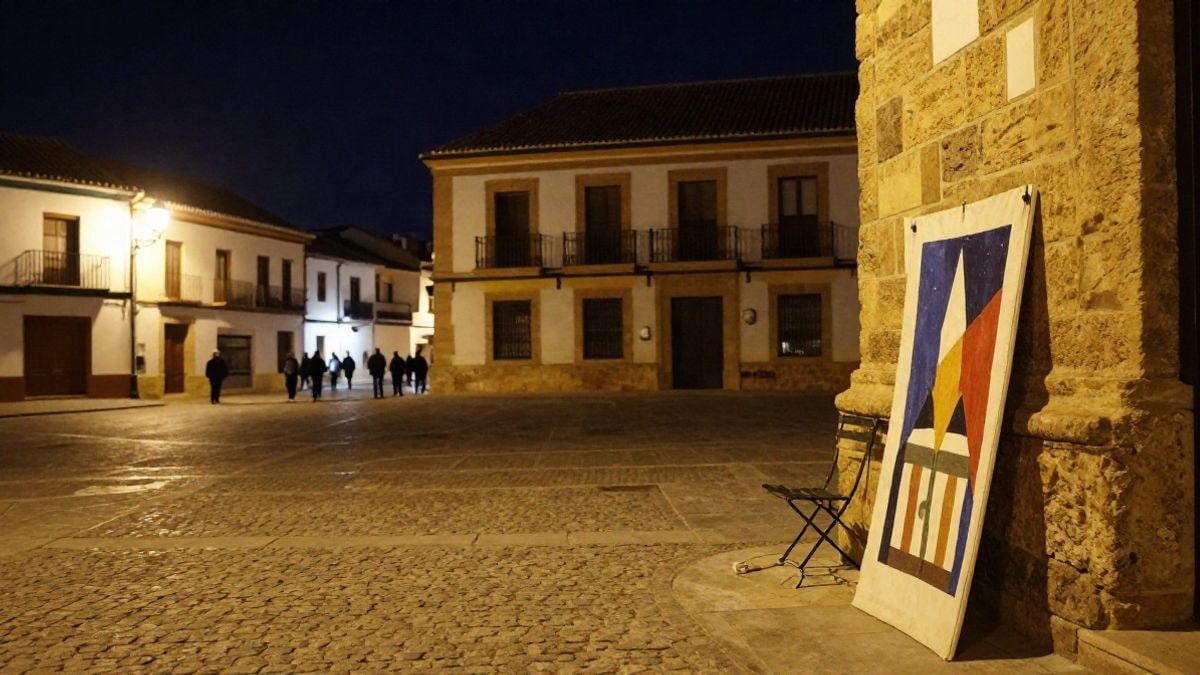 Illustrative image: folding chairs and a banner in the square of an Andalusian town hall at night