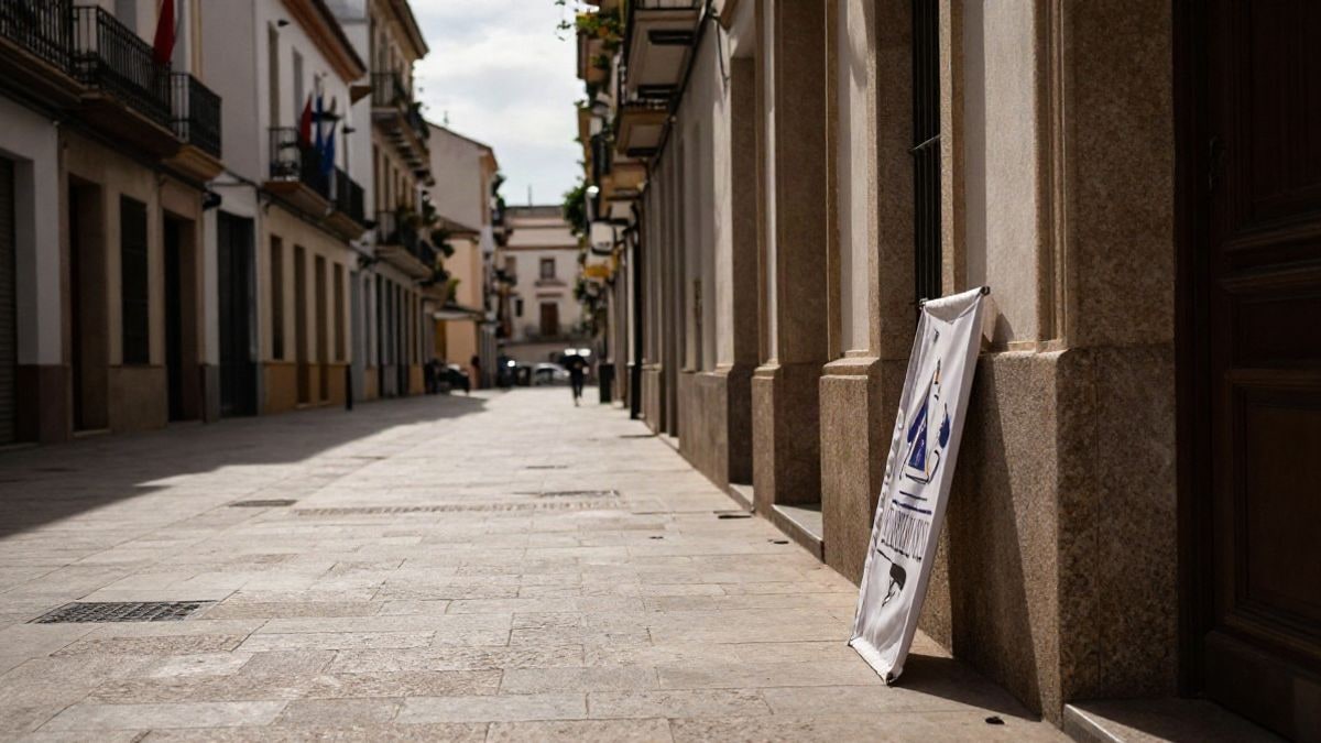 Imagen ilustrativa: una calle peatonal andaluza al mediodía con una pancarta doblada apoyada en la pared