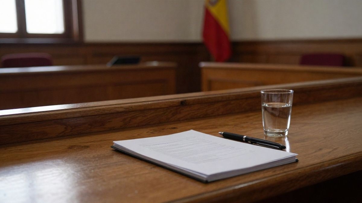 Illustrative image: wooden table in an empty municipal room with a closed folder next to a window with side light