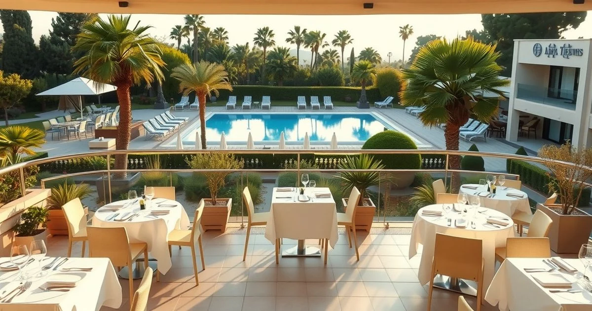Terraza vacía del restaurante Sol y Sombra del Hotel Don Carlos en Marbella, con jardines y piscina al fondo