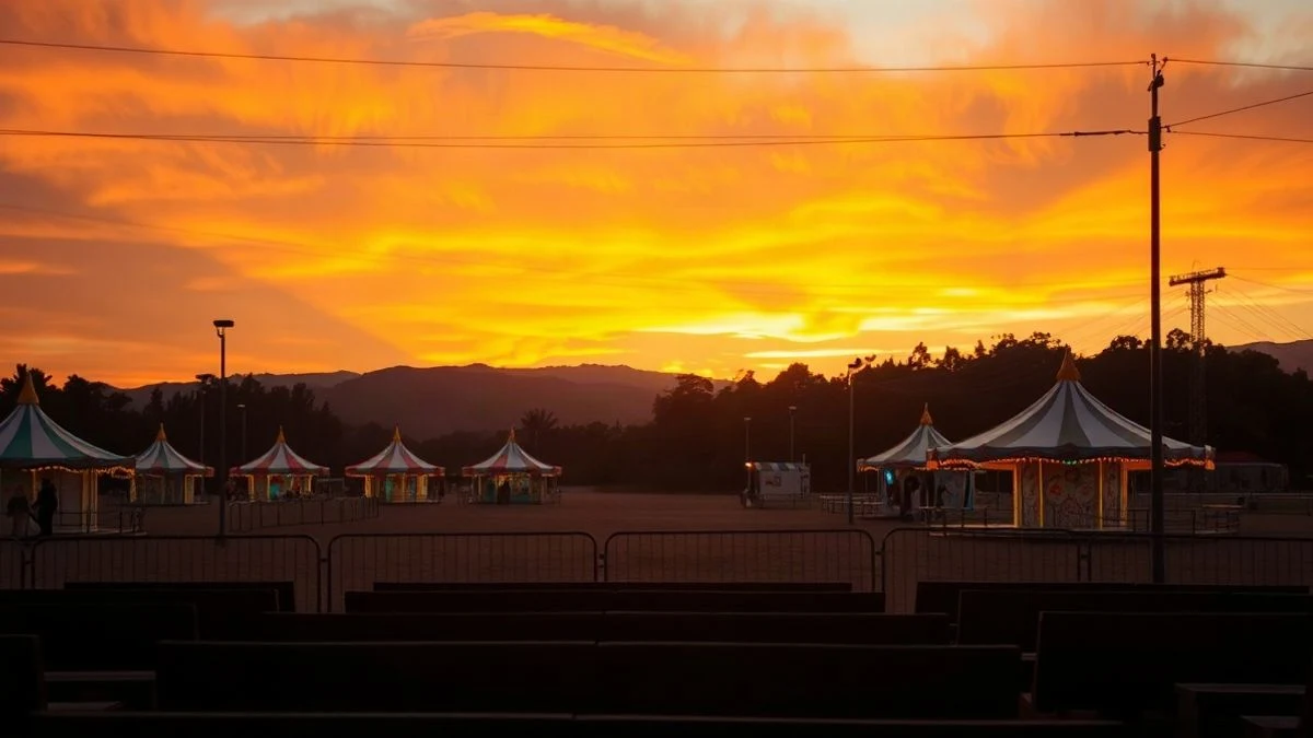 Imagen ilustrativa: casetas y atracciones de una feria al atardecer, con las luces encendidas y el cielo anaranjado de fondo.
