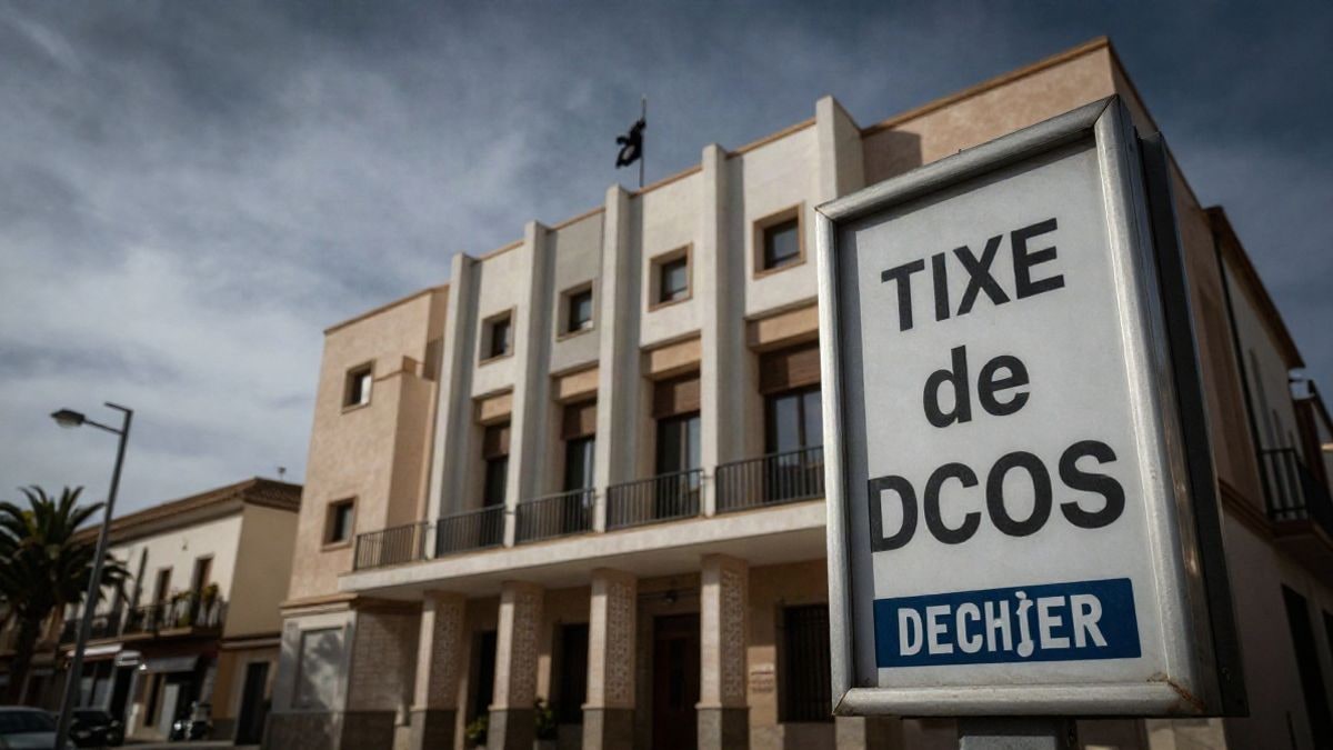 Imagen ilustrativa: fachada de un edificio consistorial con un cartel de rebaja de impuestos, ángulo bajo con cielo de fondo