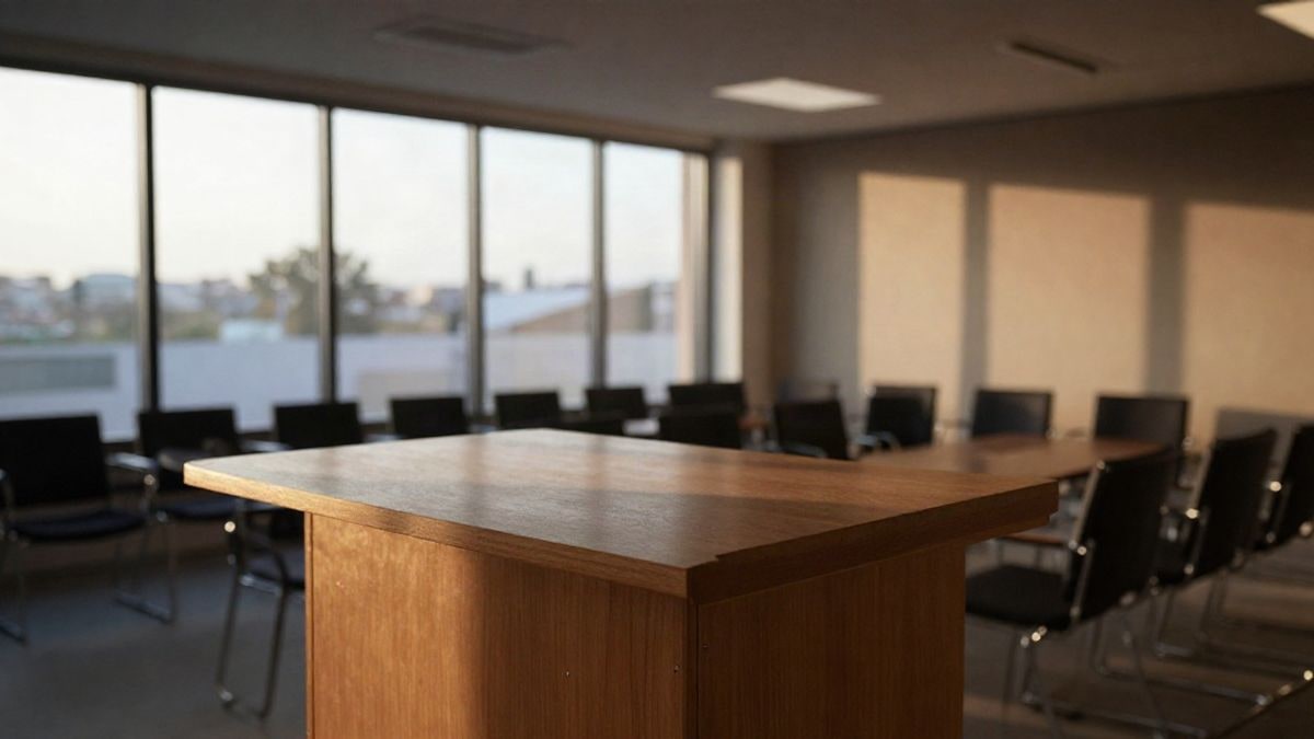 Imagen ilustrativa: atril vacío en una sala de conferencias con luz natural lateral