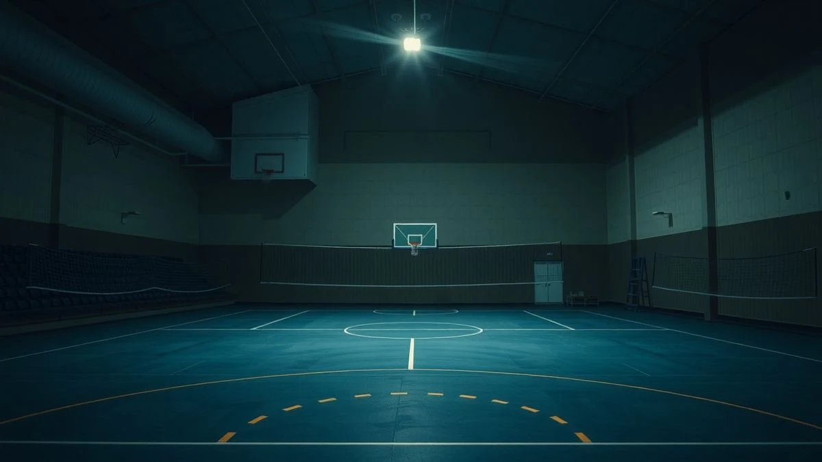 Illustrative image: empty sports court lit artificially at night, with a basketball hoop and badminton net