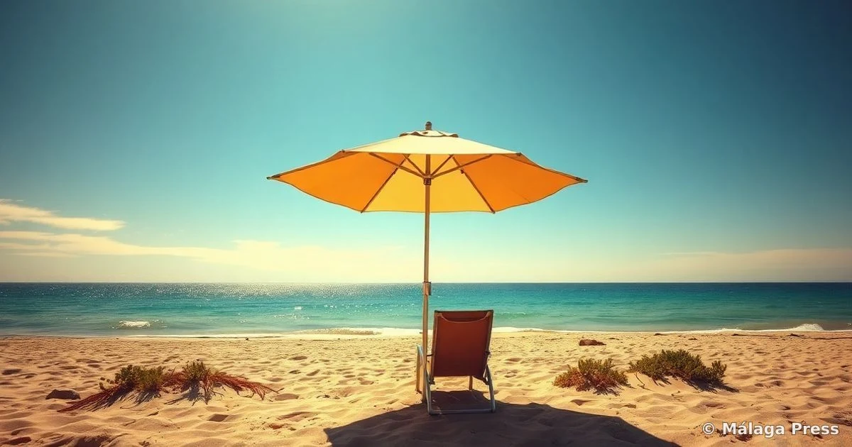 Vista de una playa soleada en Estepona con cielo azul despejado y una sombrilla vacía.