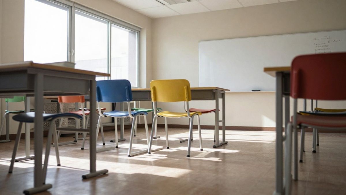 Illustrative image: empty classroom with colourful chairs and a board lit by natural light.
