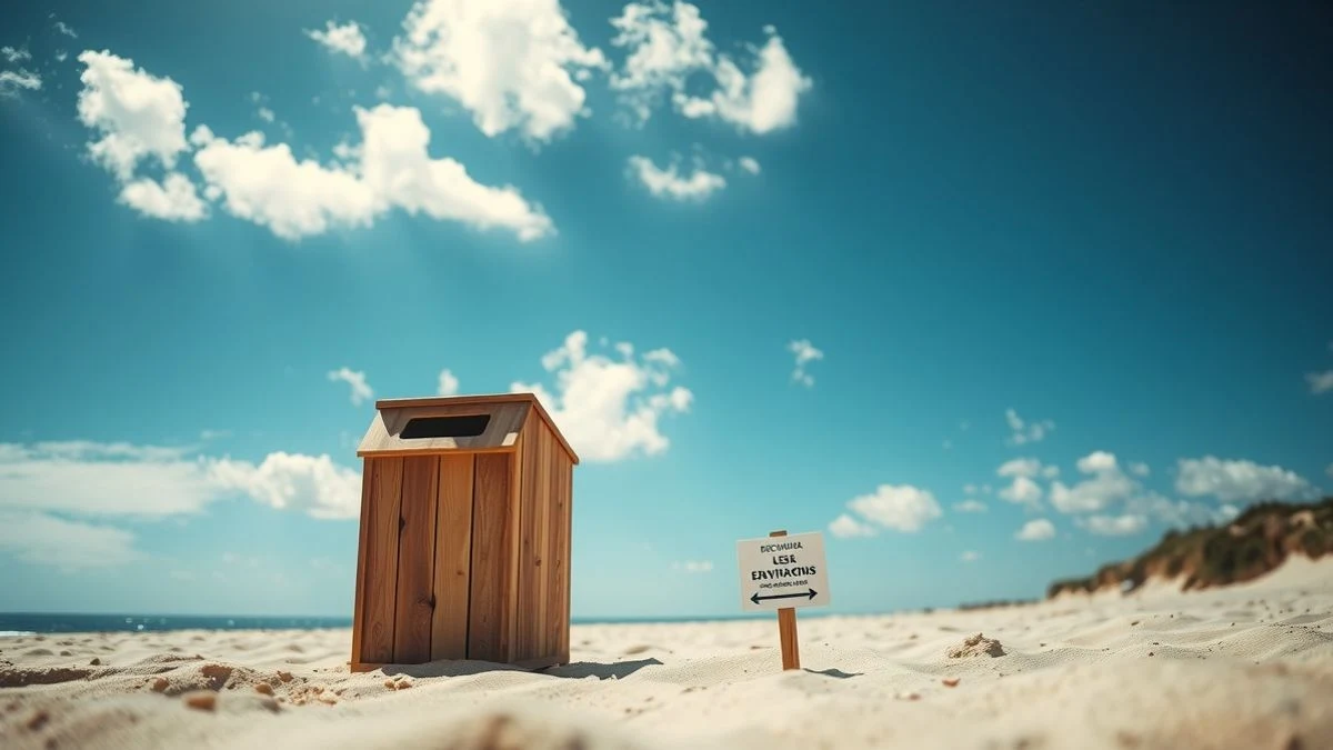 Imagen ilustrativa: una papelera de reciclaje de madera en una playa de arena, con el cielo azul de fondo y un cartel informativo sobre cuidado ambiental.