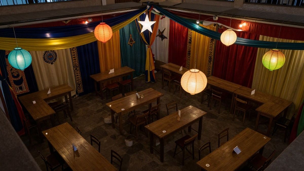 Imagen ilustrativa: vista cenital de una caseta de feria decorada con farolillos y telas