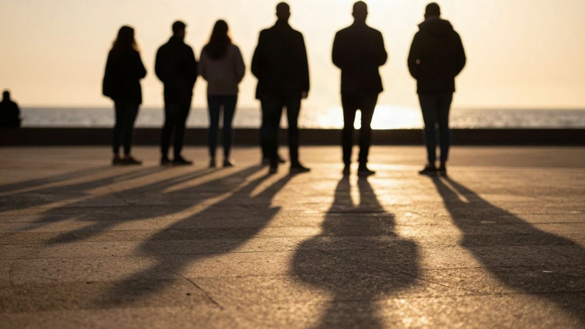Imagen ilustrativa: siluetas de jóvenes con mochilas caminando al atardecer junto al mar