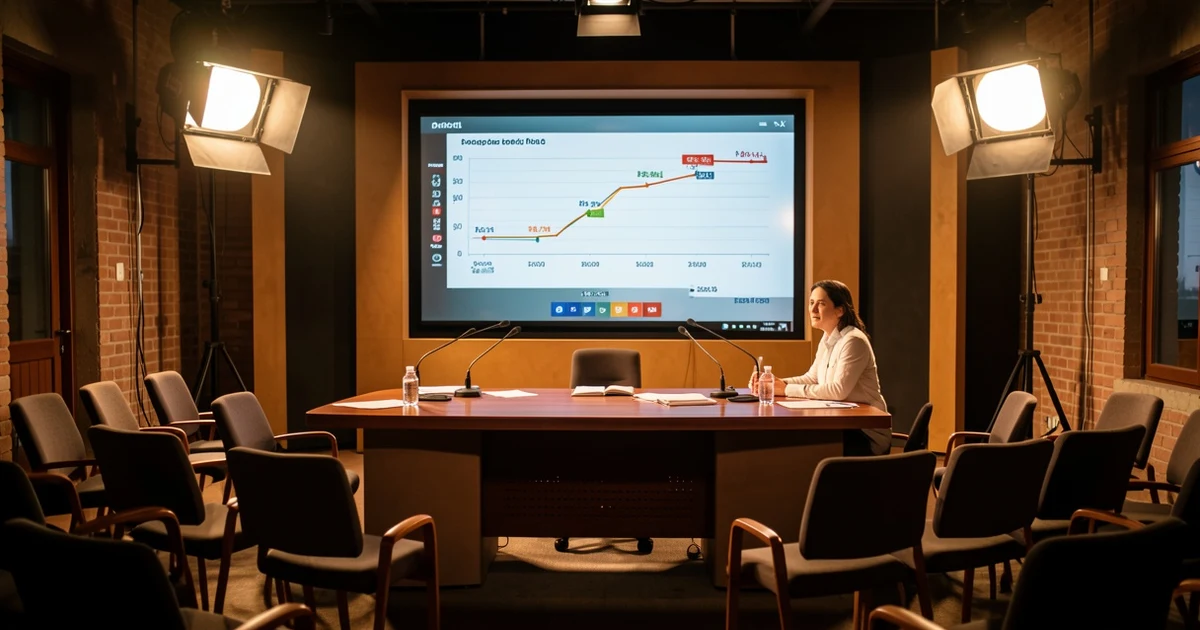 Plató de televisión vacío con pantalla de audiencias, mesa de presentadores y luces de estudio