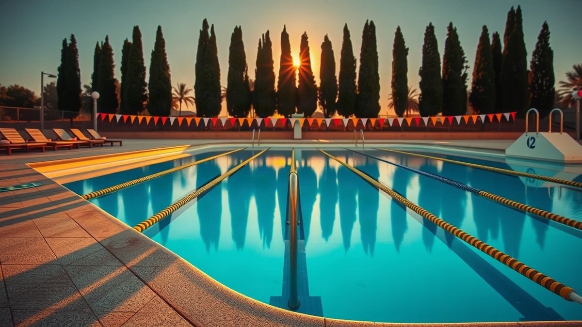 Imagen ilustrativa: una piscina pública al aire libre con el agua en calma y luz de atardecer, sin personas visibles.