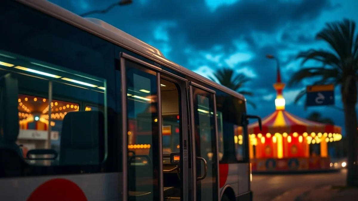 Imagen ilustrativa: un autobús urbano en una parada al atardecer, con luces de feria al fondo