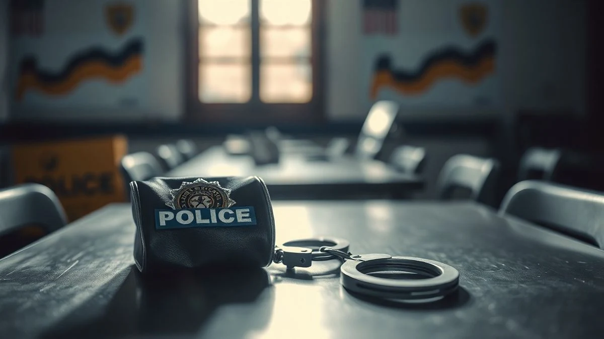Evidence bag with a fake police badge and handcuffs on a metal table