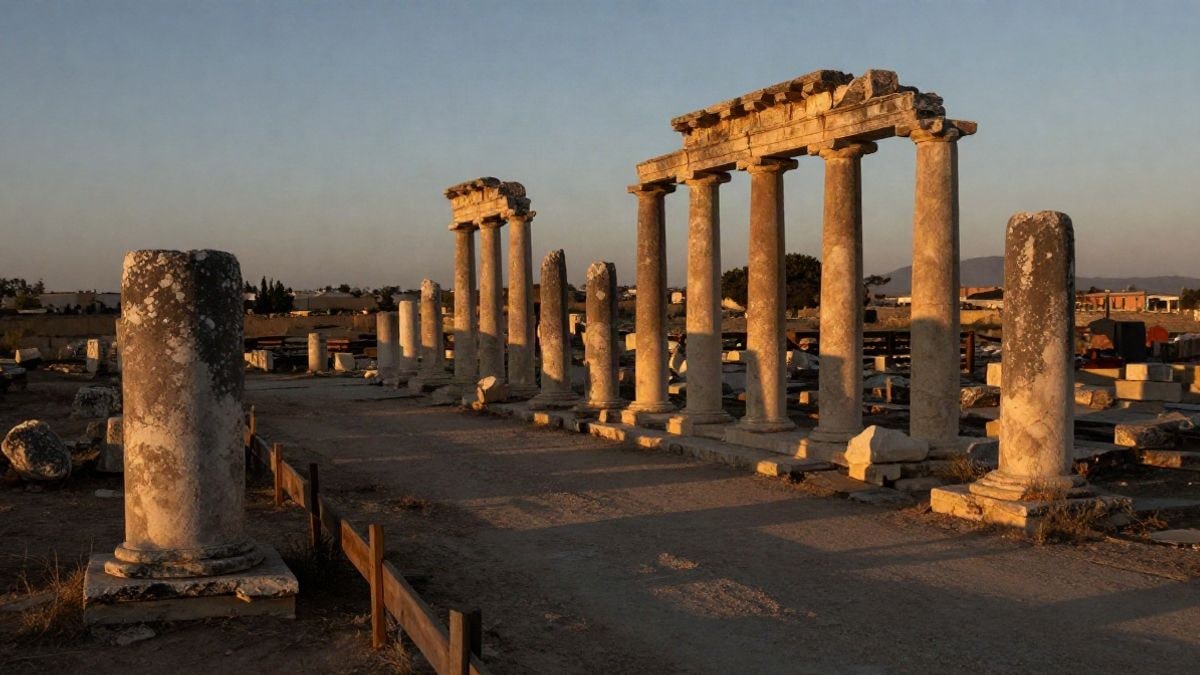 Illustrative image: ruins of a Roman city on a hill at sunset, with crumbling columns and elongated shadows.