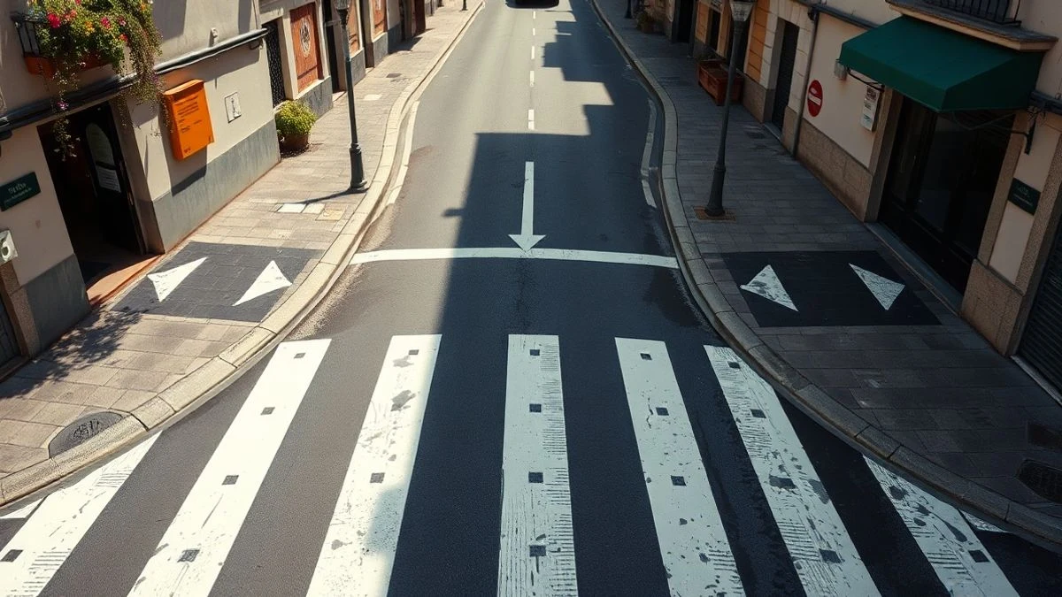 Imagen ilustrativa: vista cenital de un paso de peatones recién pintado en una calle española