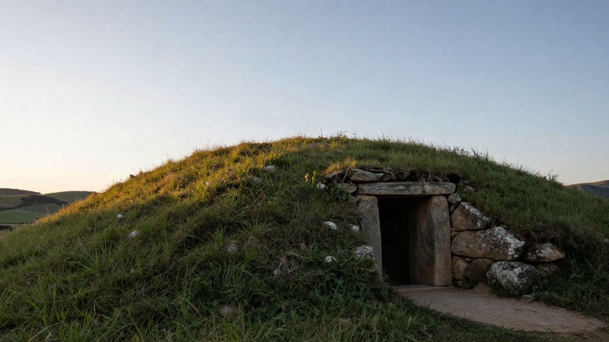 Illustrative image: a prehistoric stone chamber covered in grass under soft sunset light, with a wide clear sky