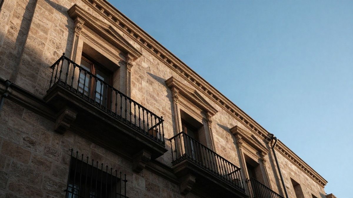 Imagen ilustrativa: fachada de un edificio histórico con balcones de forja y cielo despejado al fondo