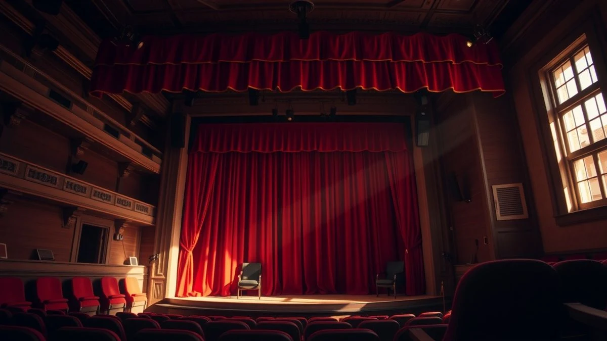 Interior of a historic theatre with empty seats and natural light coming through a side window