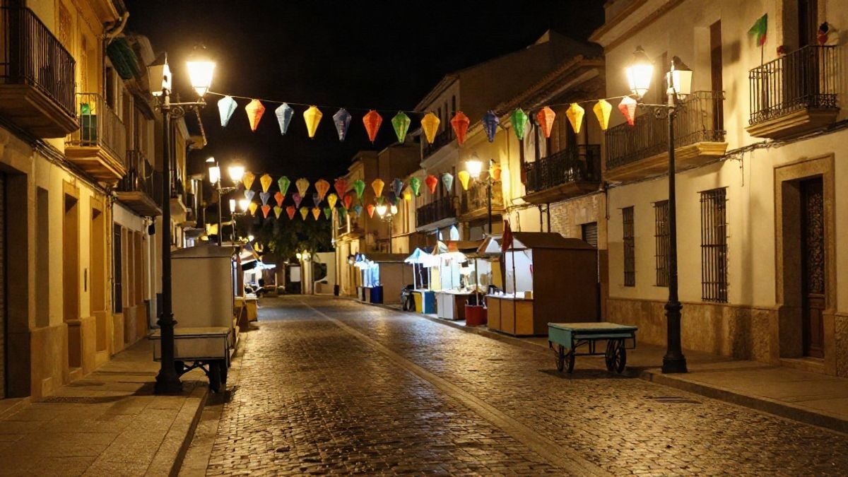 Imagen ilustrativa: calle de un municipio español de noche con farolillos de feria y un carro de limpieza vacío junto a la acera